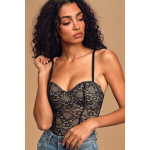 Lulus Spice It Up Black Lace Bustier Bodysuit - Size XL